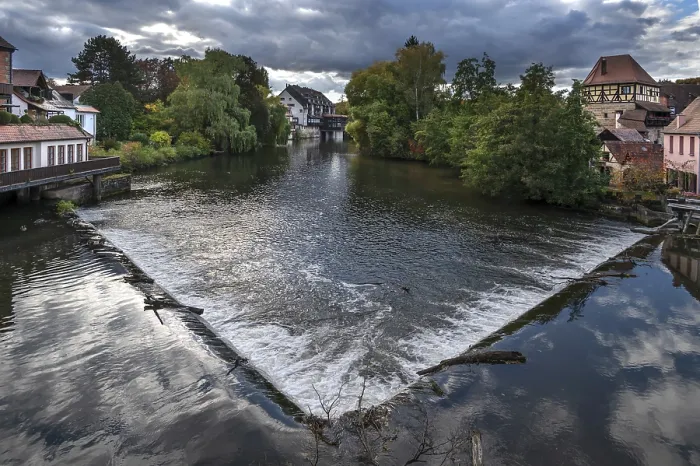 Framed Print : View of the Pegnitz with River Weir, Lauf an der Pegnitz Print Framed Print : View of the Pegnitz with River Weir, Lauf an der Pegnitz Print