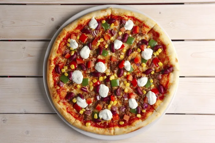 Framed Print : Top View Print of Pizza with Bean and Mozzarella Framed Print : Top View Print of Pizza with Bean and Mozzarella
