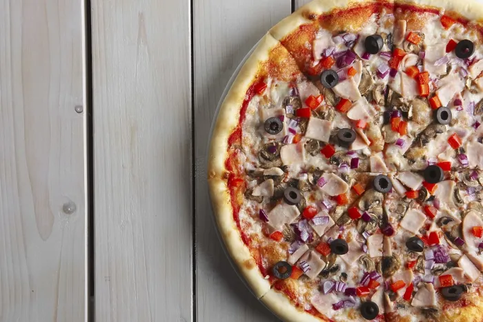 Framed Print : Top View of Pizza Print with Ham and Toppings Framed Print : Top View of Pizza Print with Ham and Toppings
