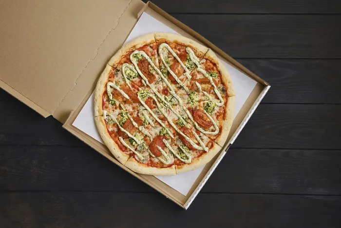 Framed Print : Top View of Pizza Print with Mozzarella and Toppings Framed Print : Top View of Pizza Print with Mozzarella and Toppings