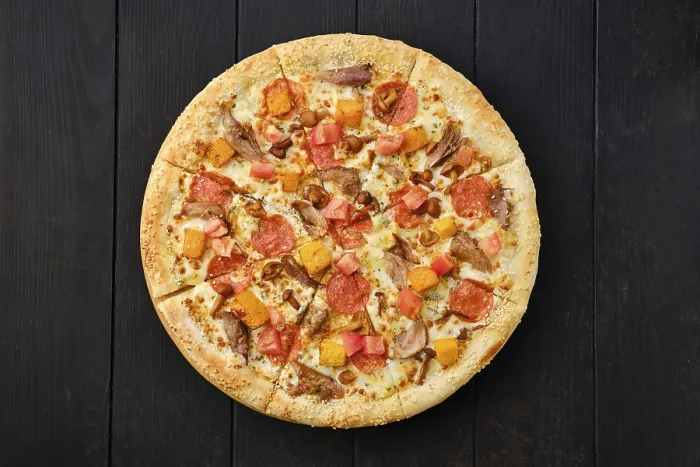 Framed Print : Top View of Pizza with Pumpkin and Meat Toppings Print Framed Print : Top View of Pizza with Pumpkin and Meat Toppings Print