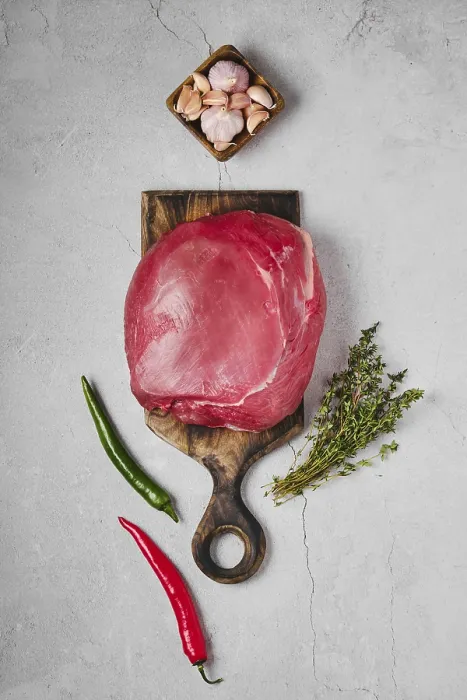 Framed Print : Raw Beef Top Round Meat Print: Top View on Concrete Plate Framed Print : Raw Beef Top Round Meat Print: Top View on Concrete Plate