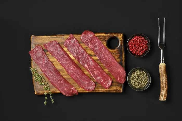 Framed Print : Raw Beef Strips Print - Top View Framed Print : Raw Beef Strips Print - Top View