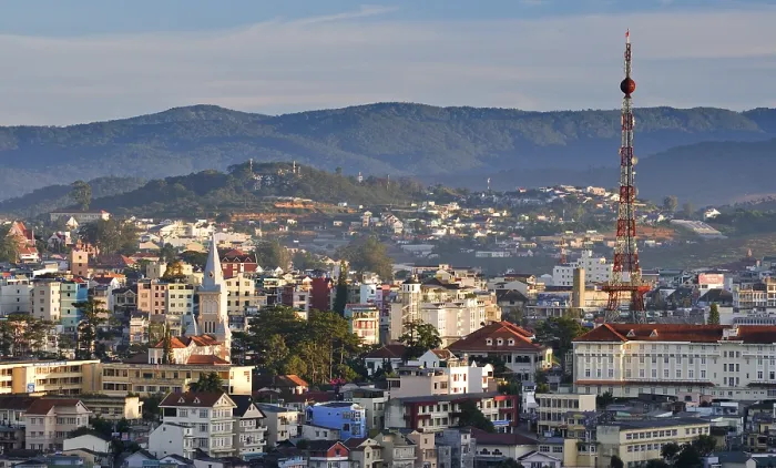 Framed Print : View over the rooftops of Dalat with the 'Dalat Eiffel Tower' Print, Vietnam Framed Print : View over the rooftops of Dalat with the 'Dalat Eiffel Tower' Print, Vietnam
