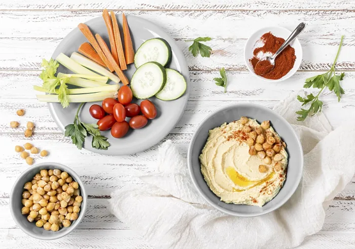 Framed Print : Top View Vegetables with Hummus Print Framed Print : Top View Vegetables with Hummus Print