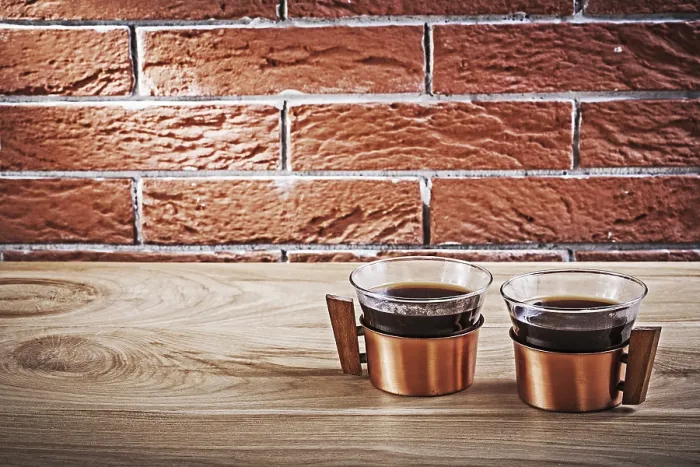 Framed Print : Vintage Copper Cups with Coffee Print Framed Print : Vintage Copper Cups with Coffee Print