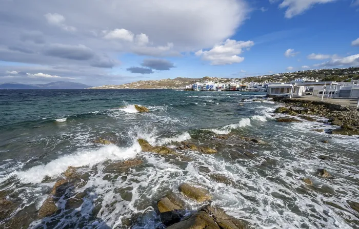 Framed Print : Waves Breaking on Mykonos Beach Print, Greece Framed Print : Waves Breaking on Mykonos Beach Print, Greece