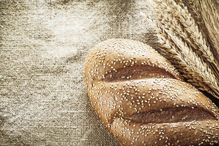 Framed Print : Wheat Ears Bread Print on Burlap Background Framed Print : Wheat Ears Bread Print on Burlap Background