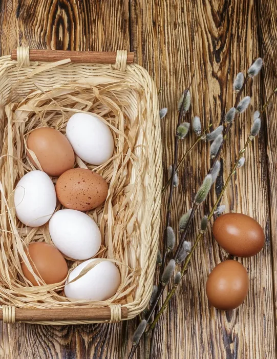 Framed Print : White and Brown Eggs in Basket Print - Easter Scene Framed Print : White and Brown Eggs in Basket Print - Easter Scene
