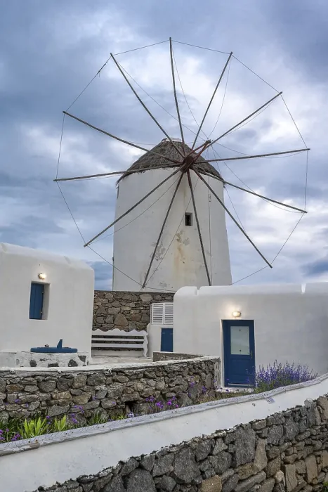 Framed Print : White Cycladic House with Windmill Print, Mykonos, Greece Framed Print : White Cycladic House with Windmill Print, Mykonos, Greece