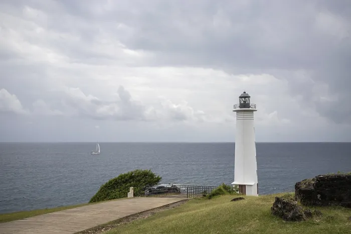 Framed Print : White Lighthouse Print on Steep Caribbean Coast