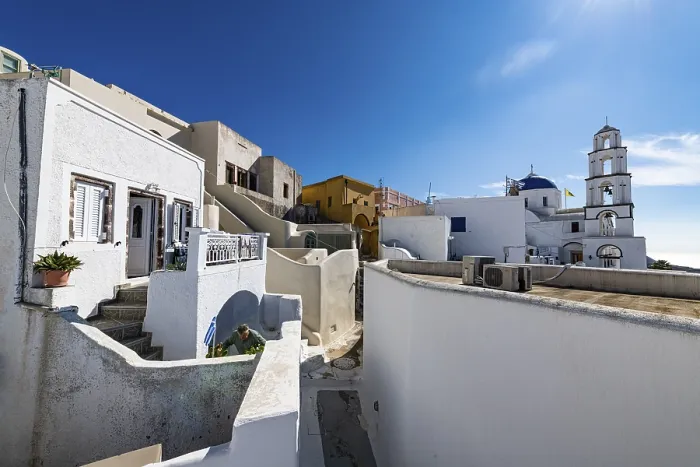 Framed Print : Santorini Print: Whitewashed Architecture in Pyrgos, Greece Framed Print : Santorini Print: Whitewashed Architecture in Pyrgos, Greece