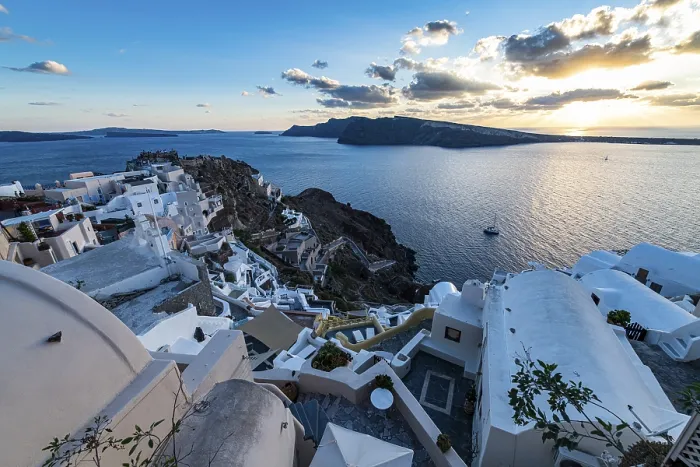 Framed Print : Whitewashed Architecture Print at Sunset, Oia, Santorini