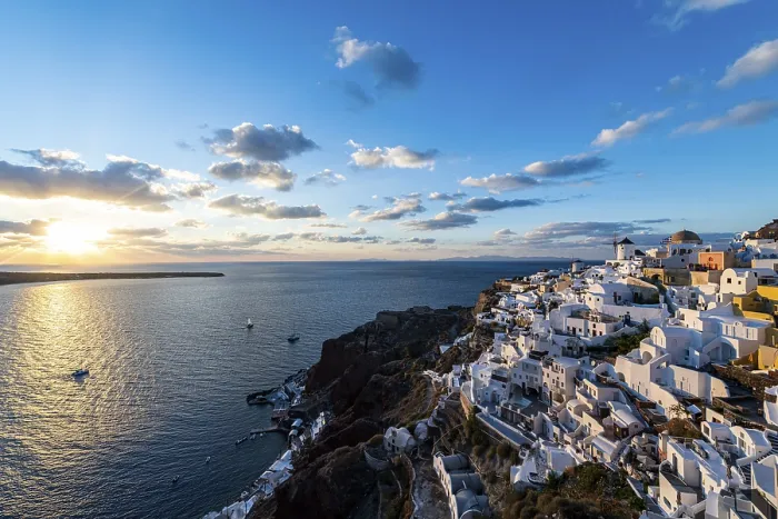 Framed Print : Whitewashed Architecture Print at Sunset, Oia, Santorini