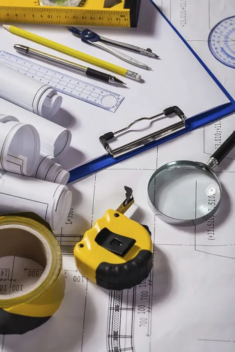 Framed Print : Typical Engineer Workplace Print with Blueprint and Measuring Tools Framed Print : Typical Engineer Workplace Print with Blueprint and Measuring Tools