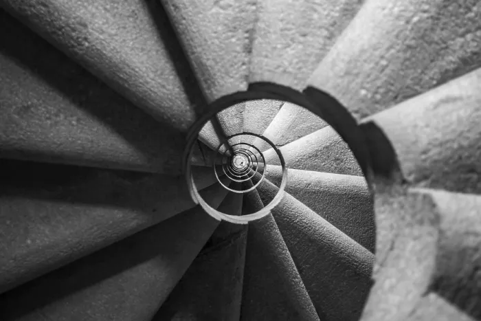 Framed Print : Black and White Print of Winding Concrete Staircase Framed Print : Black and White Print of Winding Concrete Staircase
