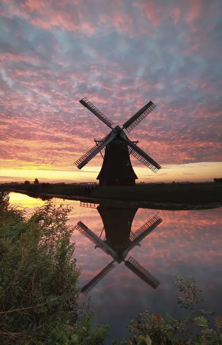 Framed Print : Windmill and Sunrise Sky Reflected in River Print, Holland Framed Print : Windmill and Sunrise Sky Reflected in River Print, Holland