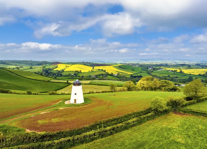 Framed Print : Windmill of Fields and Farms Drone Print, Devon, England Framed Print : Windmill of Fields and Farms Drone Print, Devon, England