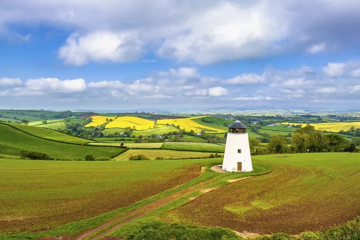 Framed Print : Windmill of Fields and Farms Drone Print, Devon, England Framed Print : Windmill of Fields and Farms Drone Print, Devon, England