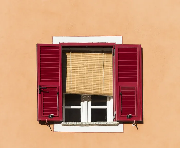 Framed Print : Window with Red Shutters and Blinds Print, Corte, Corsica