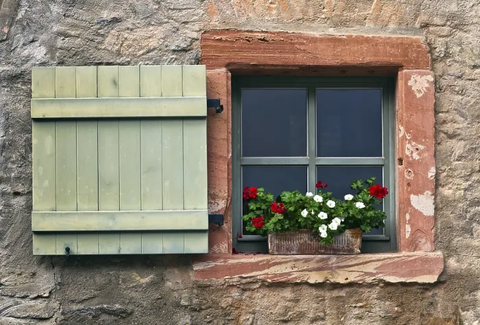 Framed Print : Window with Shutters and Geraniums Print, Eberbach, Germany