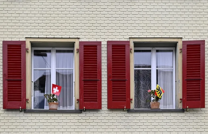 Framed Print : Window with Swiss and Bernese Flags Print Framed Print : Window with Swiss and Bernese Flags Print