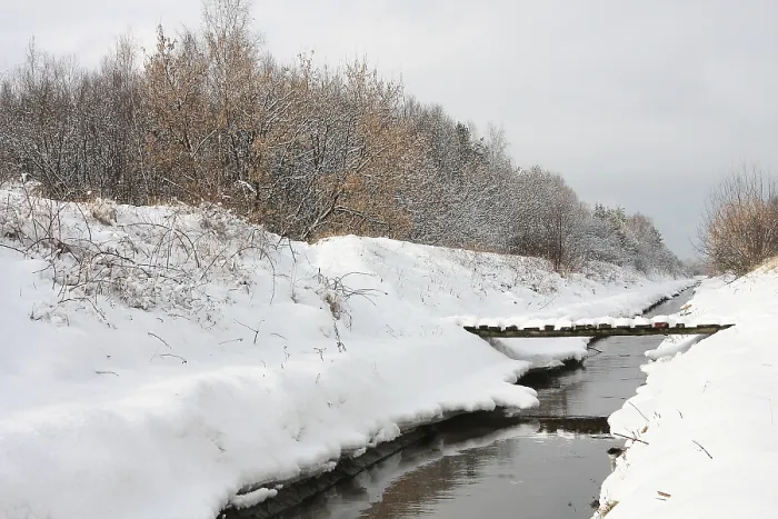 Framed Print : Print: Winter River with Small Bridge