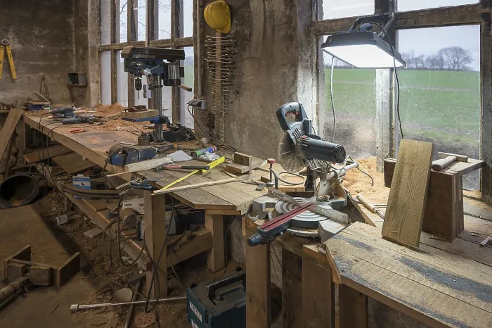 Framed Print : Workbench with drill stand and circular saw print, Germany Framed Print : Workbench with drill stand and circular saw print, Germany