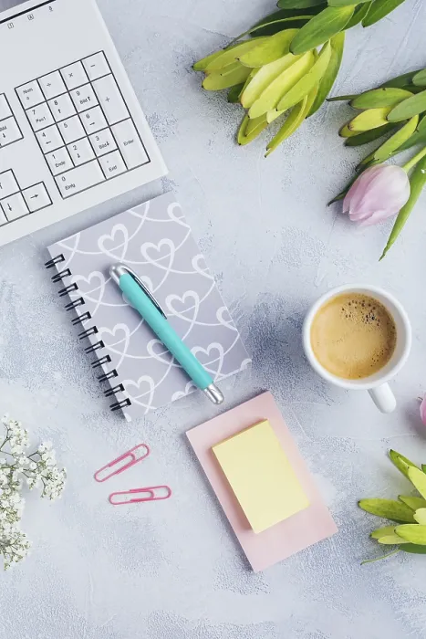Framed Print : Workplace Print with Coffee and Flowers in Bright Tone