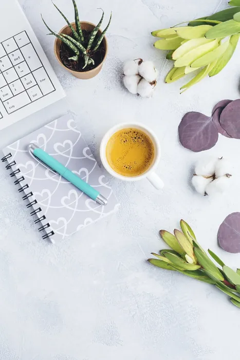 Framed Print : Workplace Print with Coffee and Flowers Framed Print : Workplace Print with Coffee and Flowers