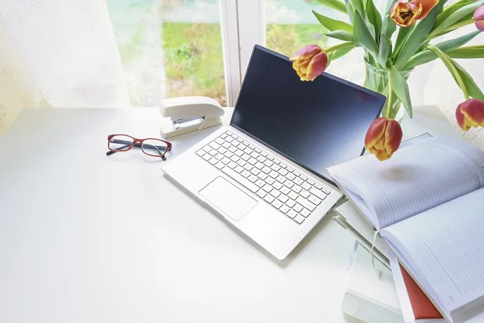 Framed Print : Workplace by a Window Print with Tulips and Laptop Framed Print : Workplace by a Window Print with Tulips and Laptop