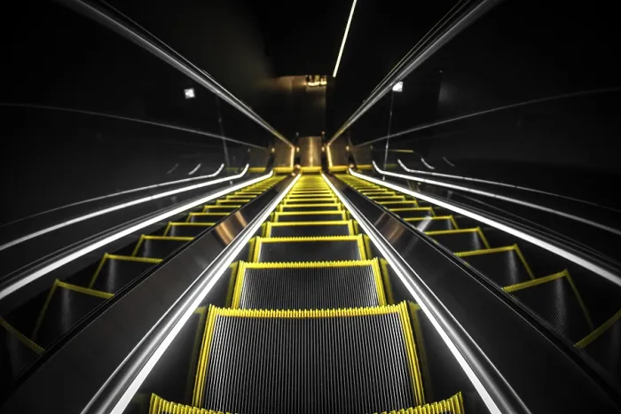 Framed Print : Yellow and Black Print of Tokyo Escalator Framed Print : Yellow and Black Print of Tokyo Escalator