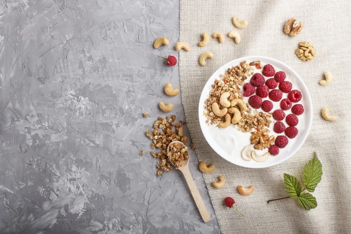 Framed Print : Yoghurt with Raspberry, Granola Print Framed Print : Yoghurt with Raspberry, Granola Print