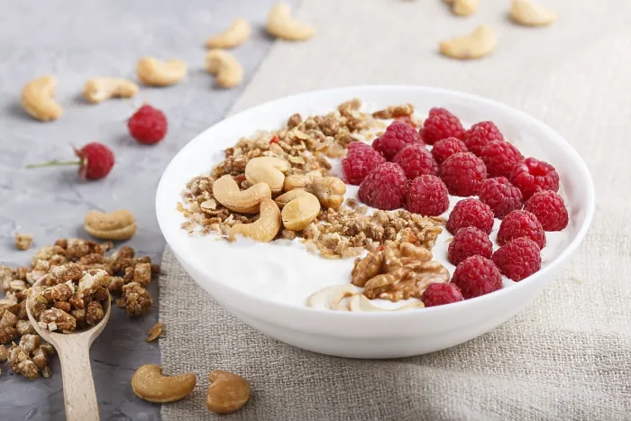Framed Print : Yoghurt with Raspberry, Granola Print Framed Print : Yoghurt with Raspberry, Granola Print