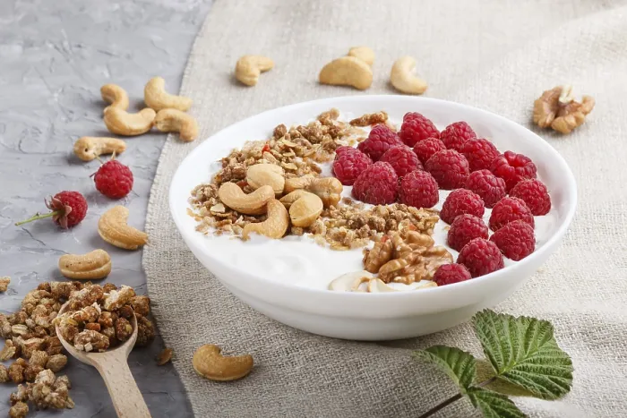 Framed Print : Yoghurt with Raspberry, Granola Print Framed Print : Yoghurt with Raspberry, Granola Print