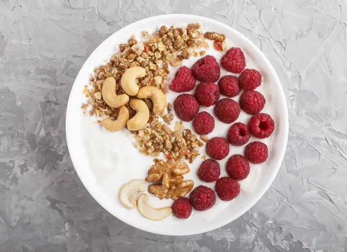 Framed Print : Yoghurt with Raspberry, Granola Print Framed Print : Yoghurt with Raspberry, Granola Print