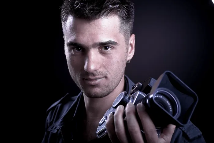 Framed Print : Young Man with Medium Format Camera Print Framed Print : Young Man with Medium Format Camera Print