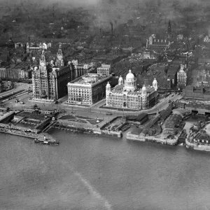 Print of Liverpool Pier Head 1920: Three Graces and Landing Stage