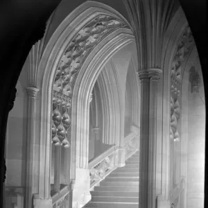 Print of John Rylands Library interior featuring a Gothic staircase Print of John Rylands Library interior featuring a Gothic staircase