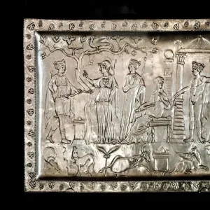 Print of Replica Corbridge Lanx, a rectangular silver platter with relief vine-scroll frame Print of Replica Corbridge Lanx, a rectangular silver platter with relief vine-scroll frame