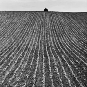 Print of a newly ploughed field with a tractor in the distance Print of a newly ploughed field with a tractor in the distance