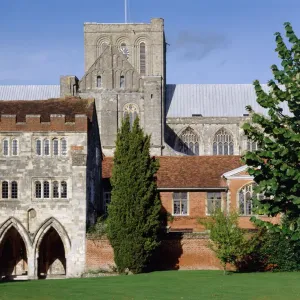 Print of The Deanery and Winchester Cathedral in Hampshire