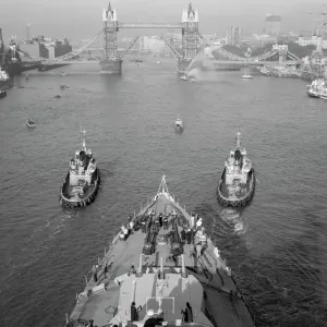 Print of HMS Belfast near Tower Bridge, London Print of HMS Belfast near Tower Bridge, London