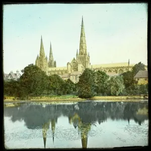 Colourised Lantern Slide Print of Lichfield Cathedral Reflected in Water
