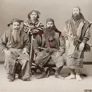 19th century vintage photograph: Japan - portrait of an Ainu Aino group from Hokkaido