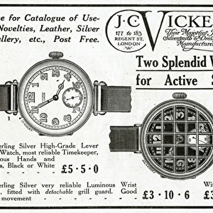 Advert for J. C. Vickery luminous & grill-guard watches 1918