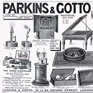 Advert for Parkins and Gotto, gambling items 1903