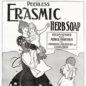 Advertisement Peerless Erasmic herb soap, available from high-class chemist and druggists. Date: 1893