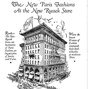 Advert for Russeks Store, New York - an institution of Paris fashion Date: 1924