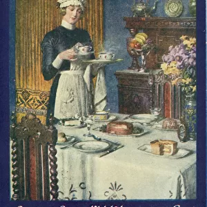 Advertisement for St. Ivel with a maid bringing bowls of soup (or cups of tea